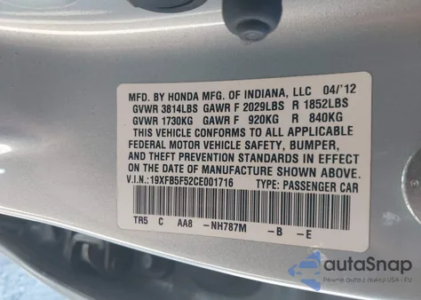 2012 Honda Civic Natural Gas from USA, damaged, VIN 19XFB5F52CE001716